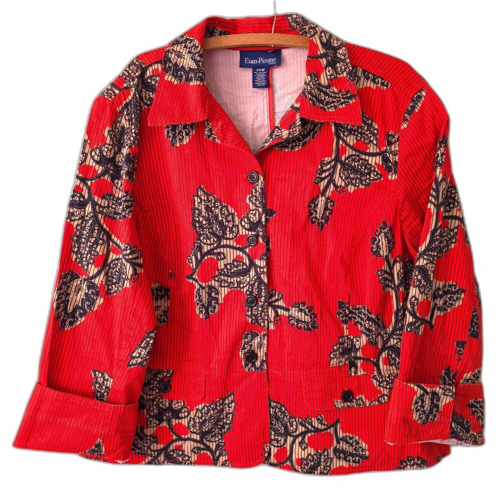 VTG Evan Picone Old Money Blazer Pinstripe Red Black Leaf Print Women's 20W